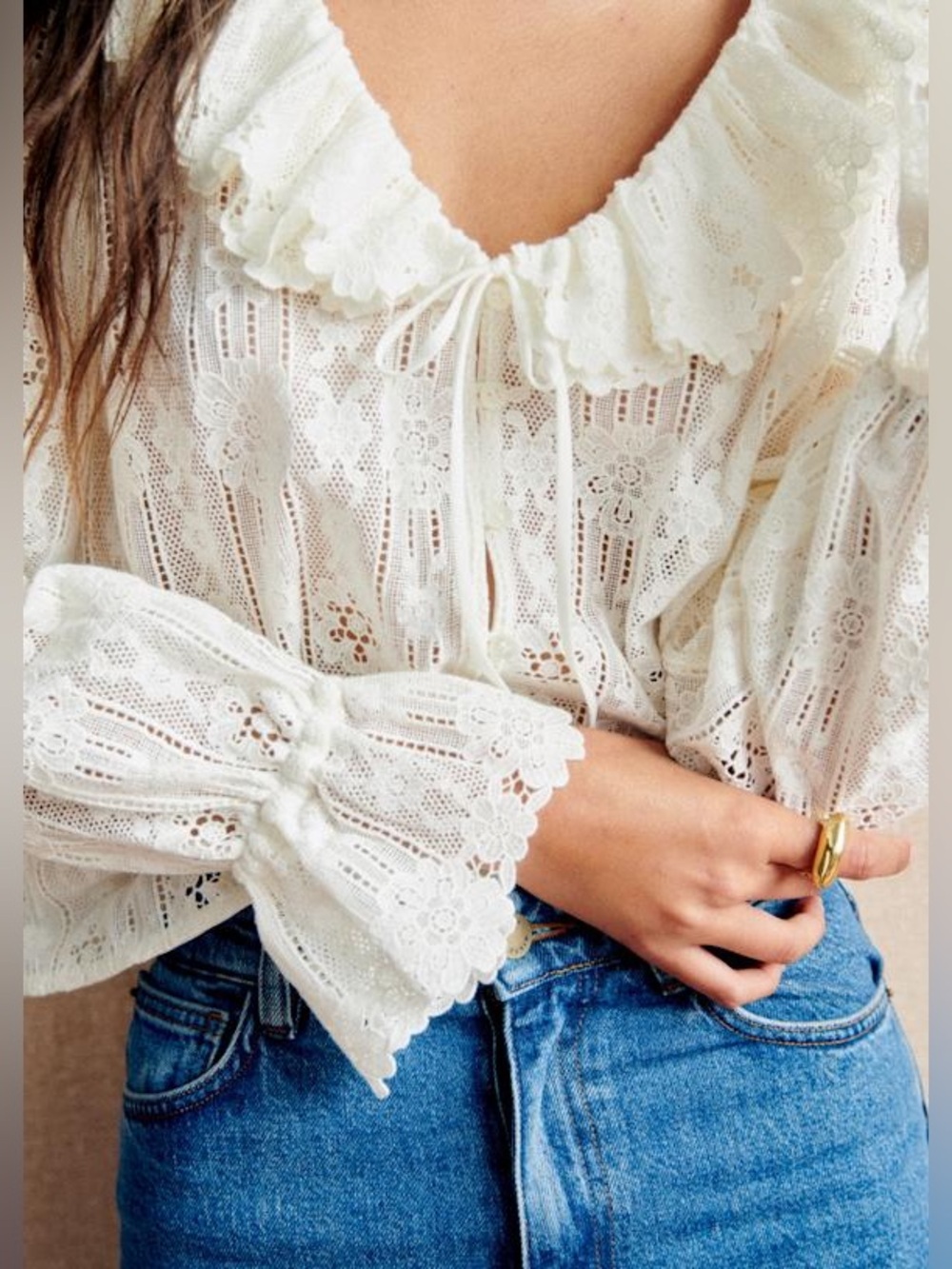 SEZANE MARIELE SHIRT Lace Ruffle V-Neck Blouse, S M L - Picture 2 of 8
